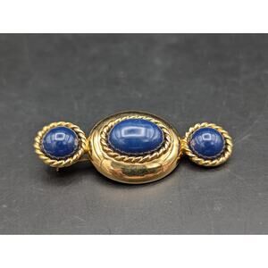 Vintage MONET Signed Gold Tone Brooch Pin Blue Faux Lapis Cabochon 2.5” 16g